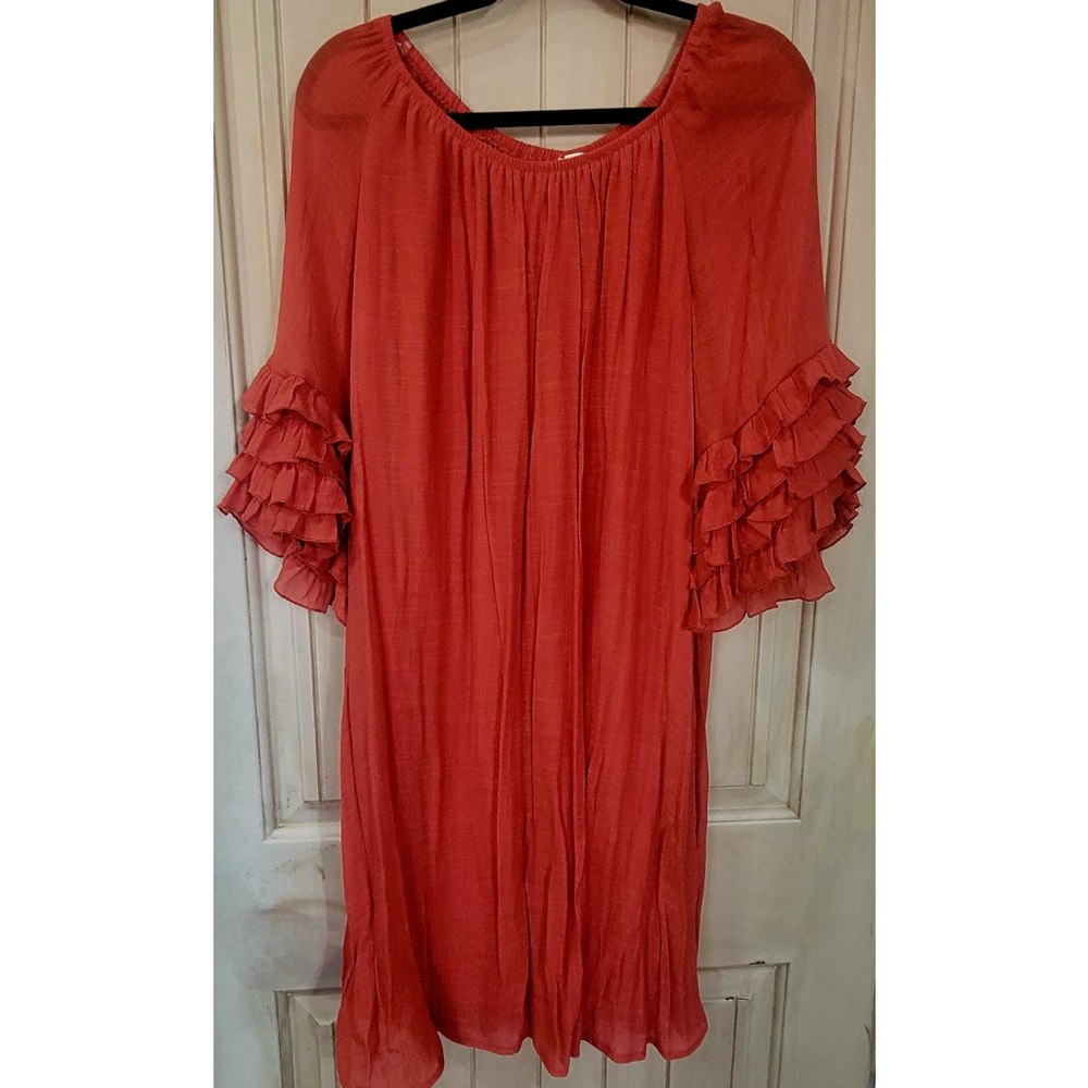 Boho Ruffled Sleeve On Or Off Shoulder Midi Dress Lined Rust Size 1X